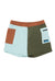 Colorblock athletic shorts with elastic waistband and zippered pocket, flat lay view