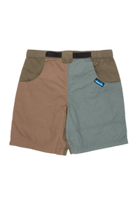 Colorblock shorts with brown and sage green panels, elastic waistband and belt