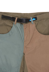 Multi-colored outdoor shorts with contrasting panels and adjustable belt, front waistband view