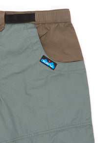 Men's outdoor shorts in sage green with brown waistband and side panel details