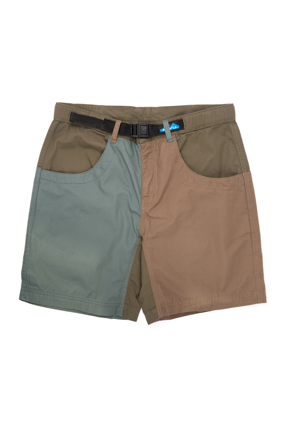 Multi-colored outdoor shorts with colorblock design and webbing belt, flat lay view
