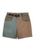 Multi-colored outdoor shorts with colorblock design and webbing belt, flat lay view