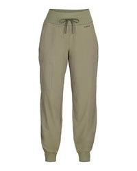 Olive green women's jogger pants with high waistband and drawstring tie, front view