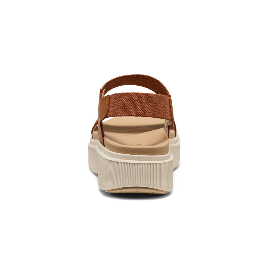 Brown platform sandal with adjustable straps and textured sole, rear view