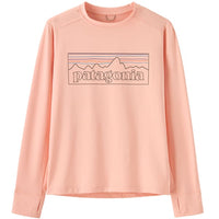Light pink long sleeve t-shirt with mountain logo graphic on chest, front view