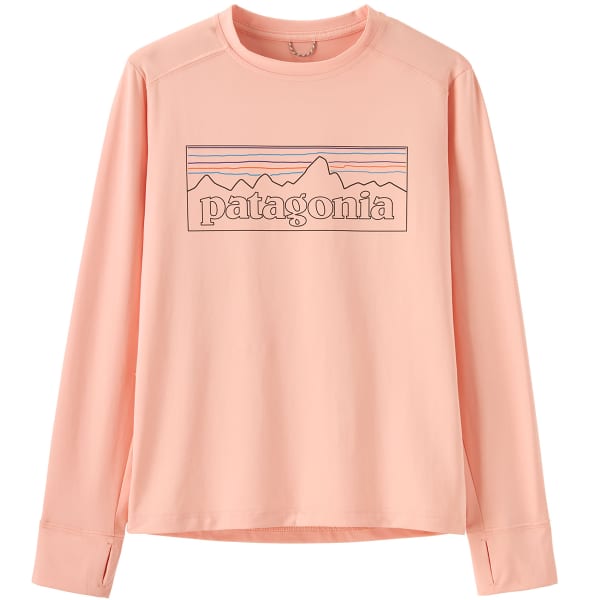 Light pink long sleeve t-shirt with mountain logo graphic on chest, front view