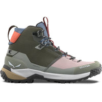 Mid-height hiking boot with olive green upper, pink toe section, and rugged sole