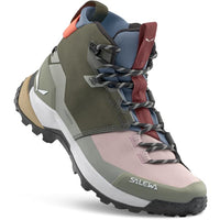 Mid-height hiking boot with colorful paneled design and lacing system, side angle view