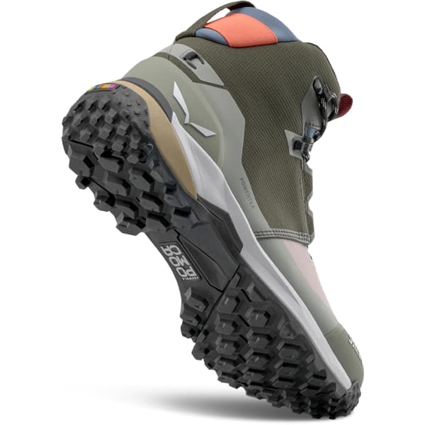 Mid-height hiking boot in olive green with rugged sole, angled view showing profile