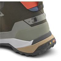 Mid-height hiking boot in olive green with gray accents and adjustable ankle strap, side detail view