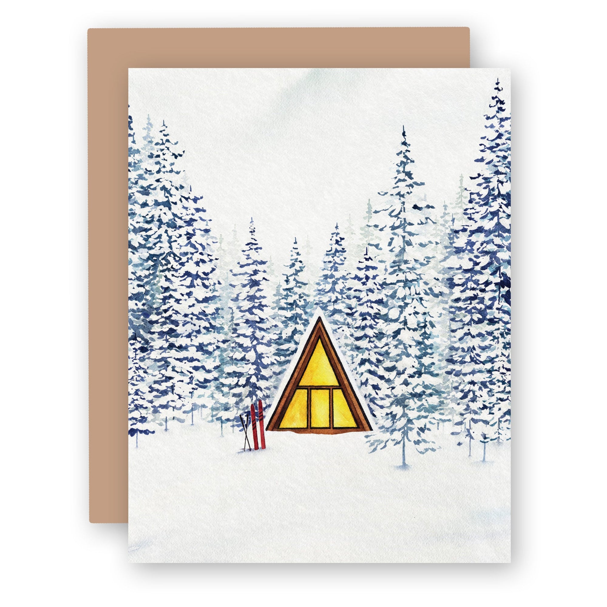 Greeting card showing watercolor winter scene with triangular cabin surrounded by snow-covered evergreen trees