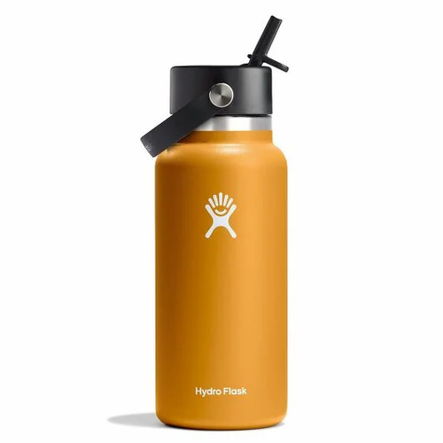 32oz wide mouth insulated water bottle with flex straw cap, shown in golden amber, front view