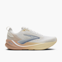 Women's max cushion running shoe in white with rose and blue accents, lateral view
