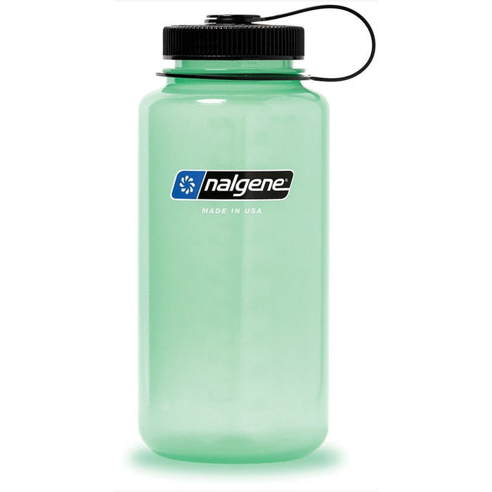 Translucent light green wide-mouth water bottle with black screw-top lid and tethered cap loop, front view