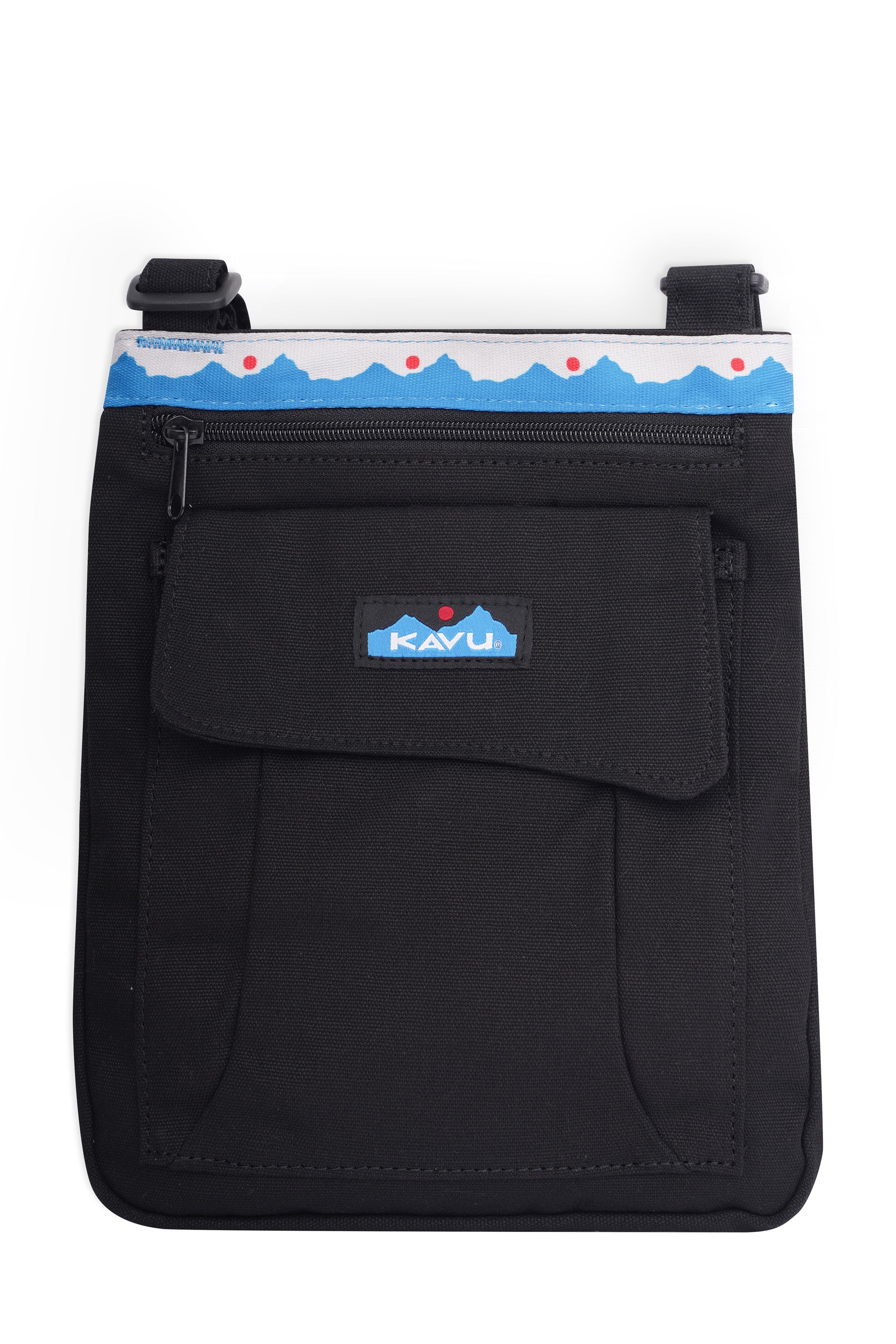 Black crossbody bag with zippered compartments and decorative blue wave pattern trim