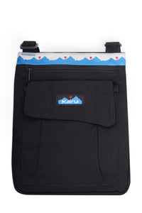 Black crossbody bag with zippered compartments and decorative blue wave pattern trim