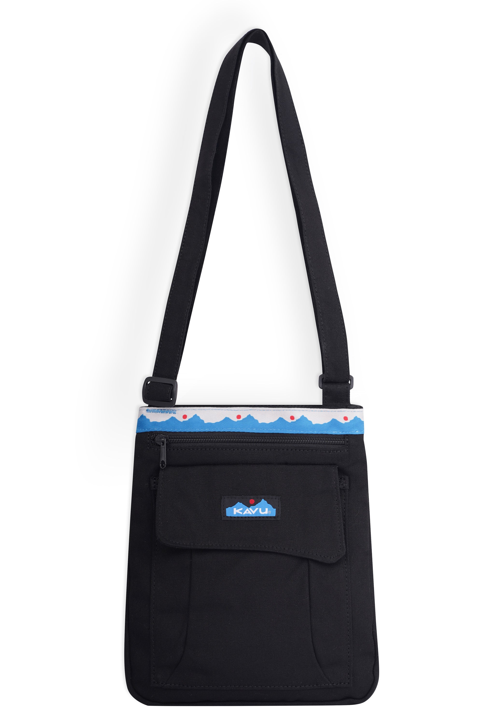 Black crossbody bag with adjustable strap, front pocket, and decorative mountain pattern trim
