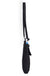 Black crossbody bag with adjustable strap hanging vertically, side profile view