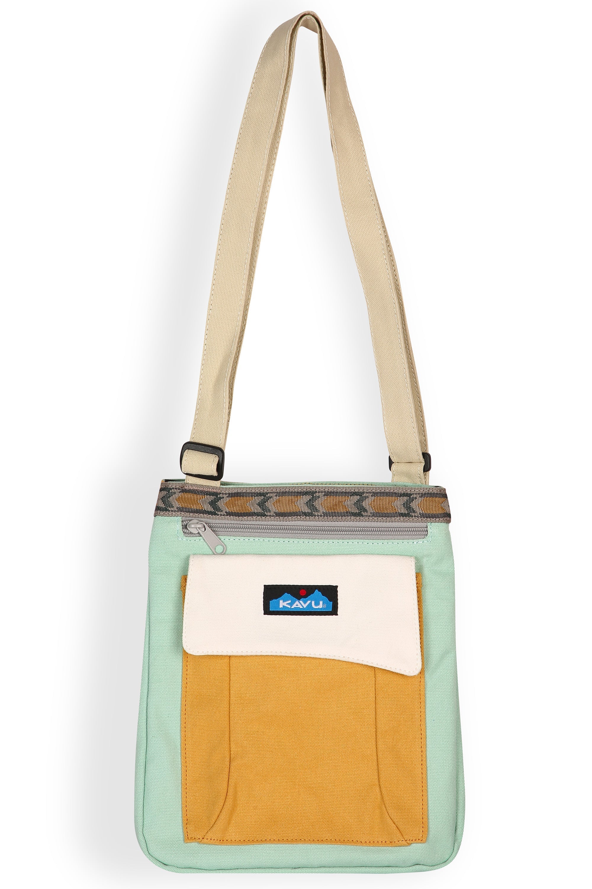 Small crossbody bag with adjustable strap, multiple color blocks and front pocket
