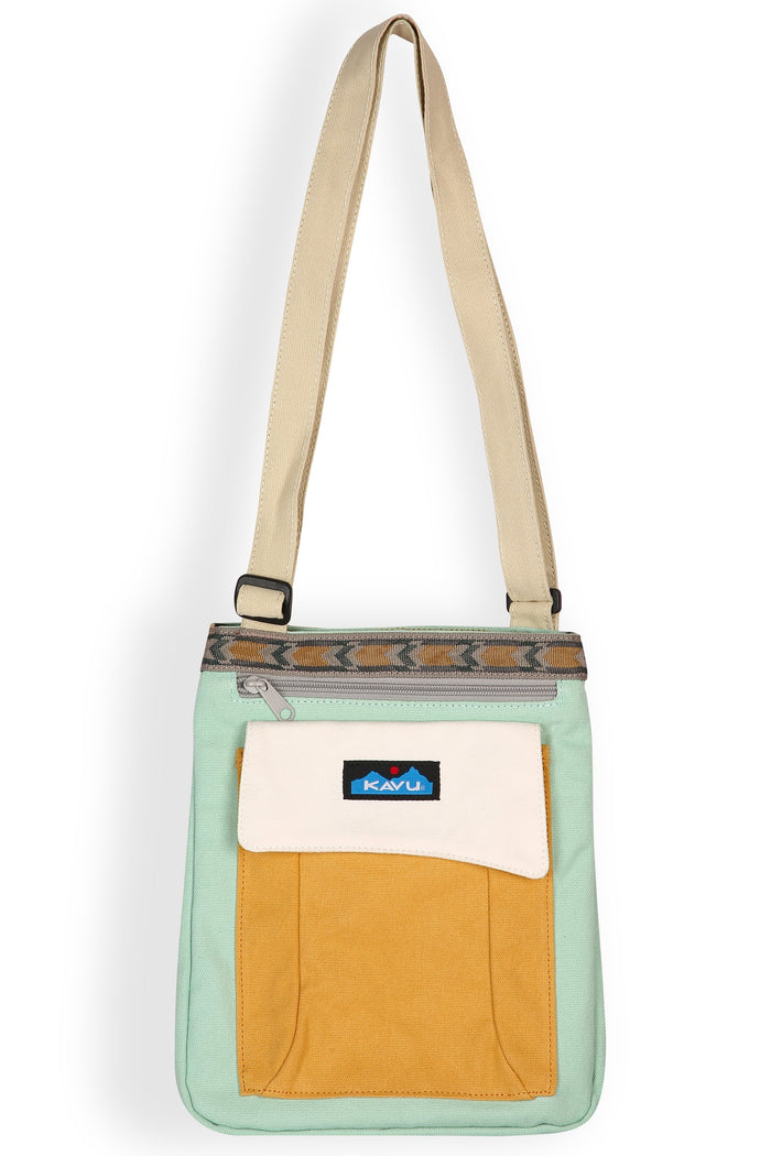 Small crossbody bag with adjustable strap, multiple color blocks and front pocket