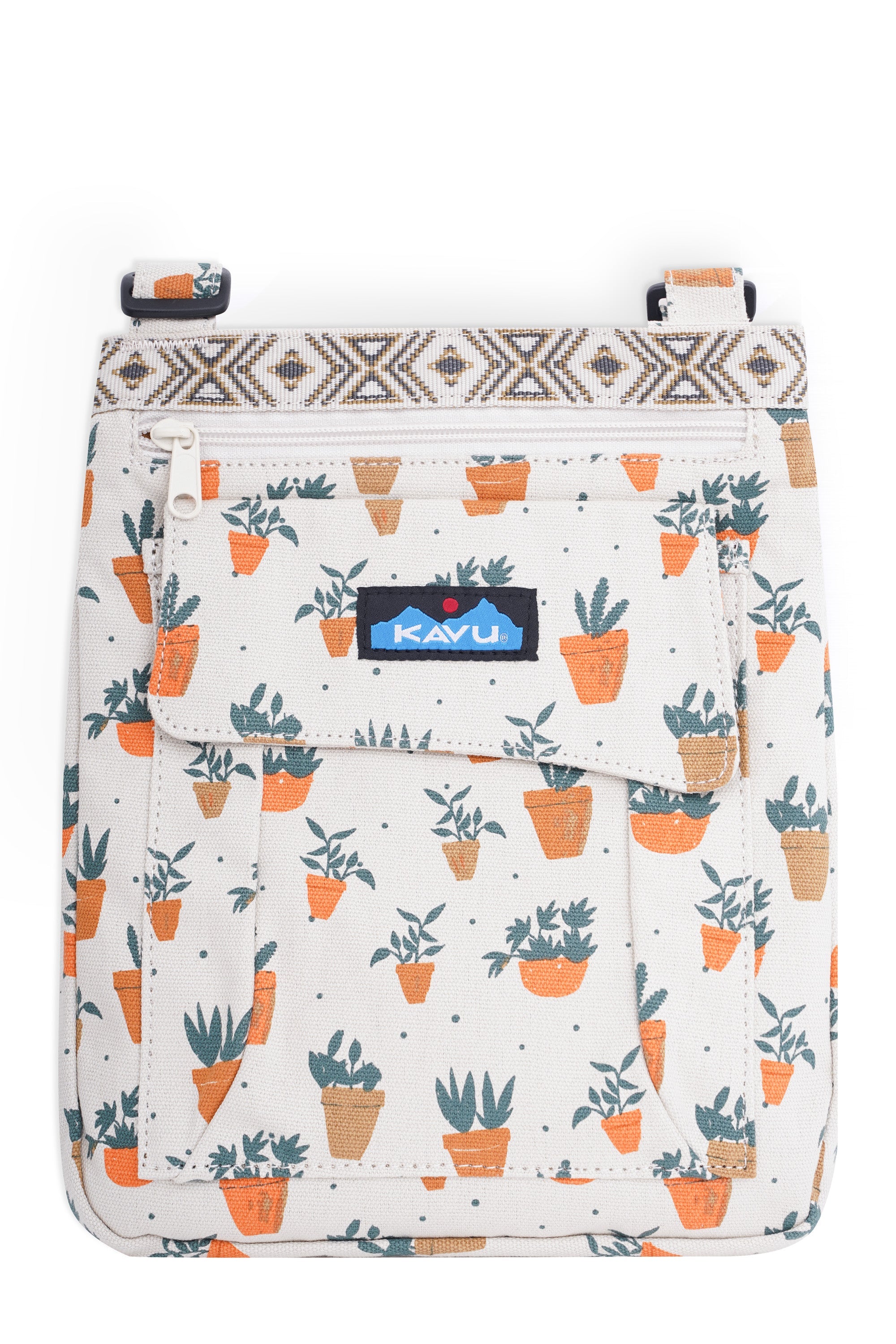 Small crossbody bag with plant pot pattern, front flap pocket and adjustable strap
