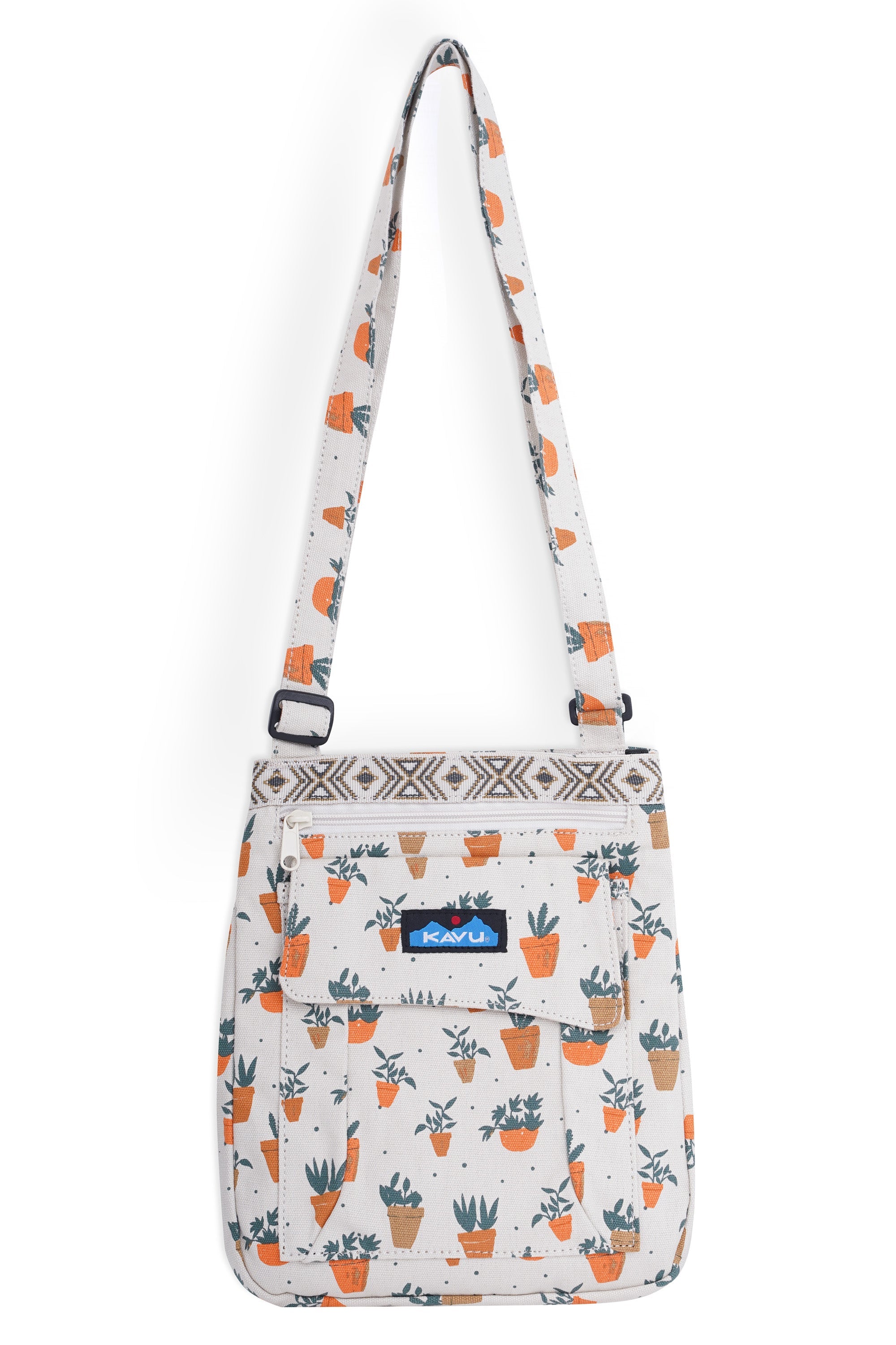 Small crossbody bag with plant pot pattern and adjustable strap on white background