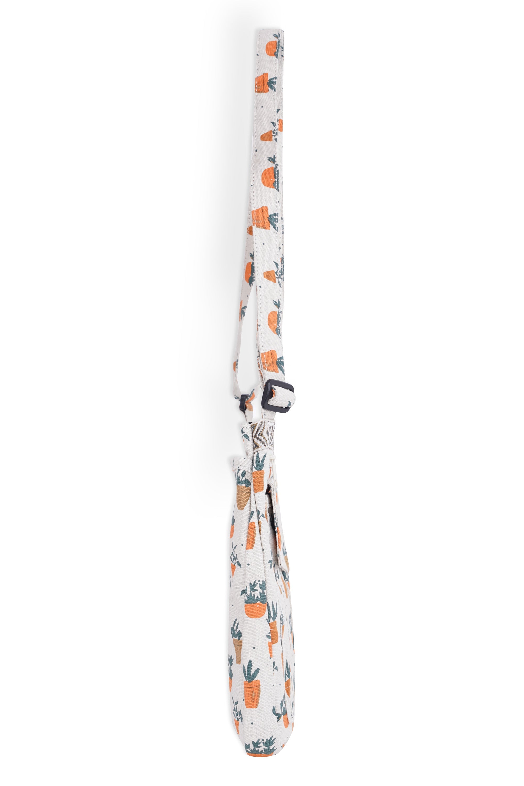 White lanyard with orange potted plant and green leaf pattern, featuring black clip attachment