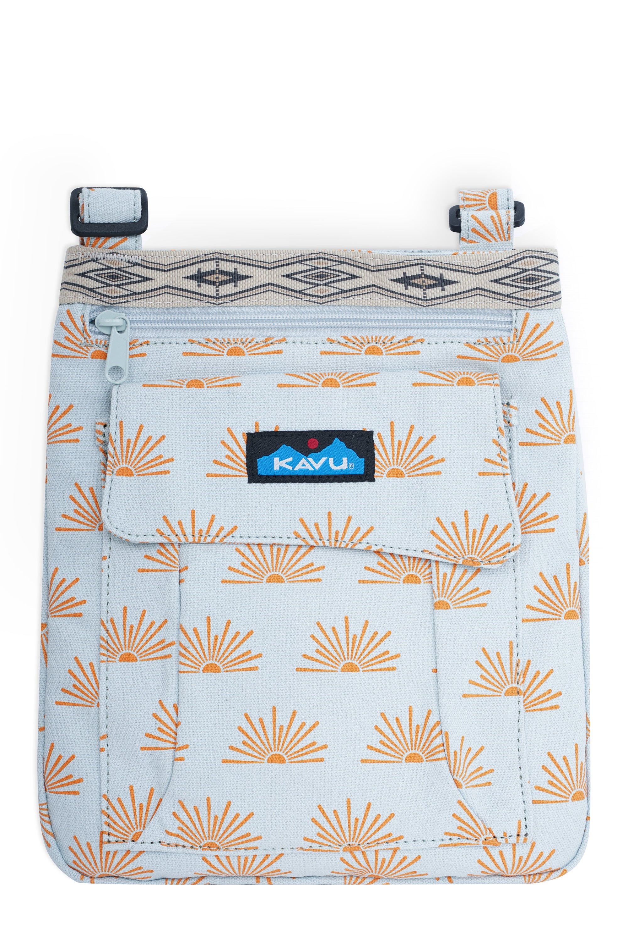 Small crossbody bag with sun pattern, front zippered pocket and adjustable strap clips