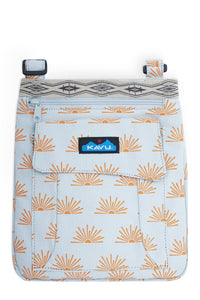 Small crossbody bag with sun pattern, front zippered pocket and adjustable strap clips