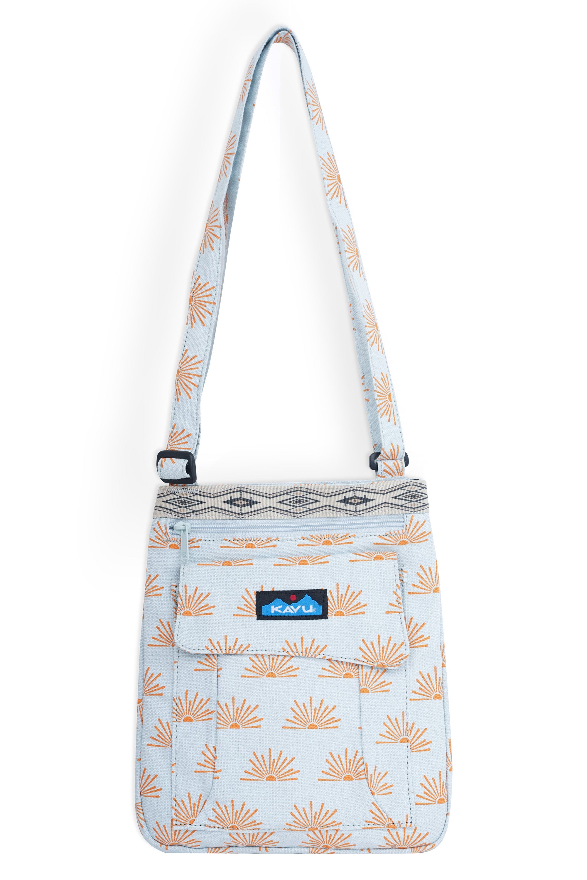 Light blue crossbody bag with orange sunburst pattern and adjustable strap, front view