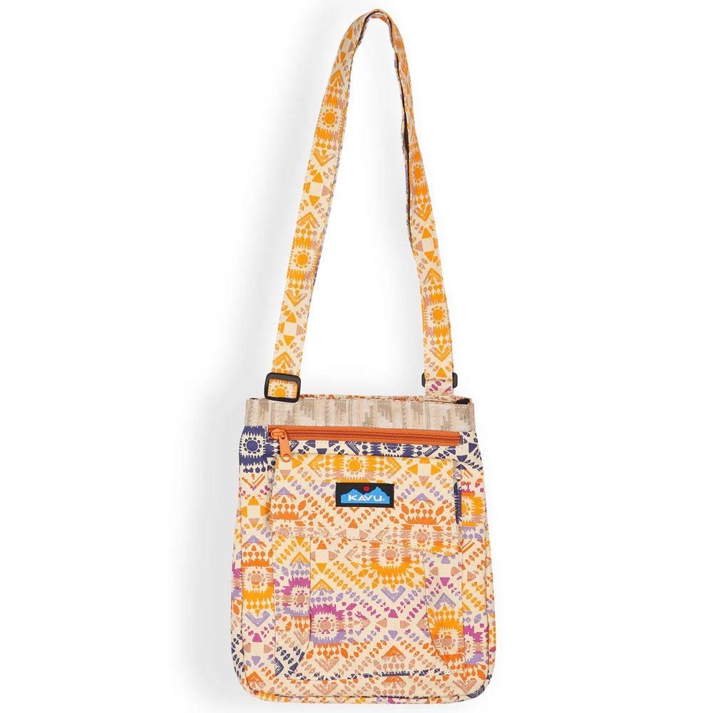 Crossbody bag with orange geometric tribal pattern, adjustable strap and front zip pocket
