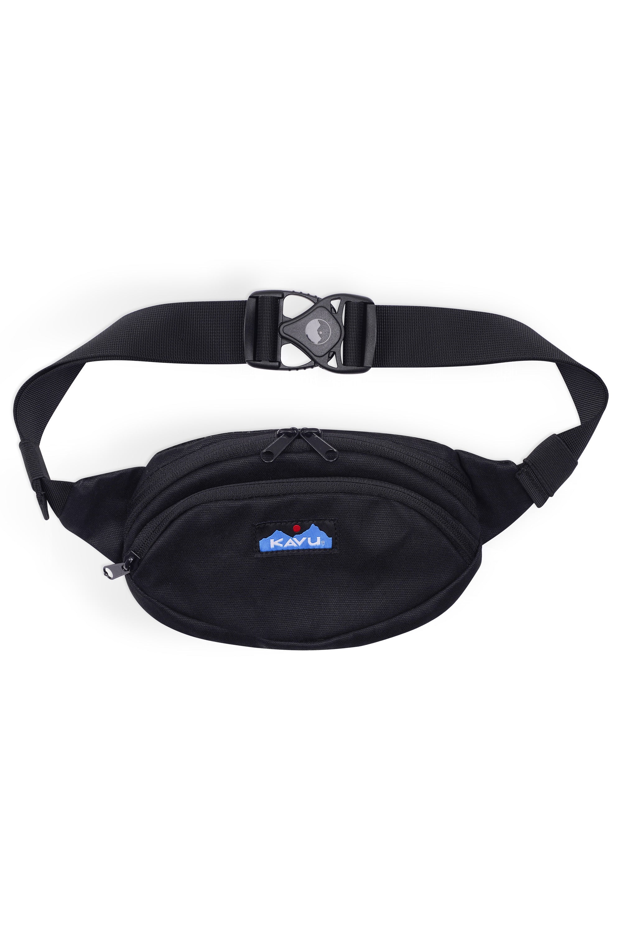 Black canvas fanny pack with adjustable strap and multiple zippered compartments
