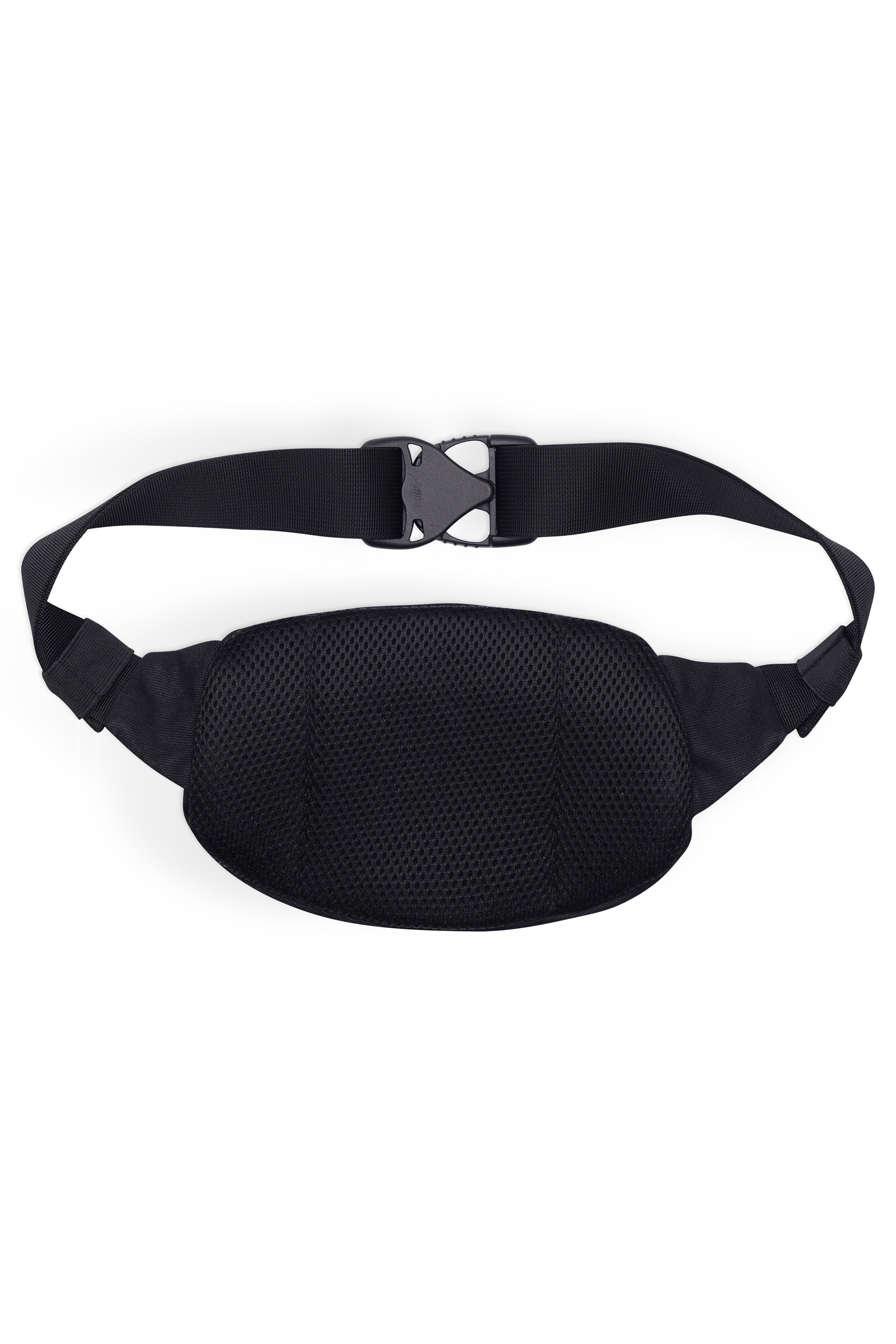 Black fanny pack with mesh front panel and adjustable strap with quick-release buckle