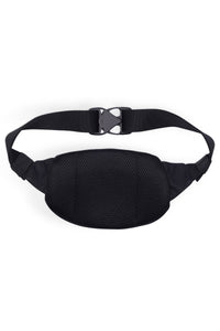 Black fanny pack with mesh front panel and adjustable strap with quick-release buckle