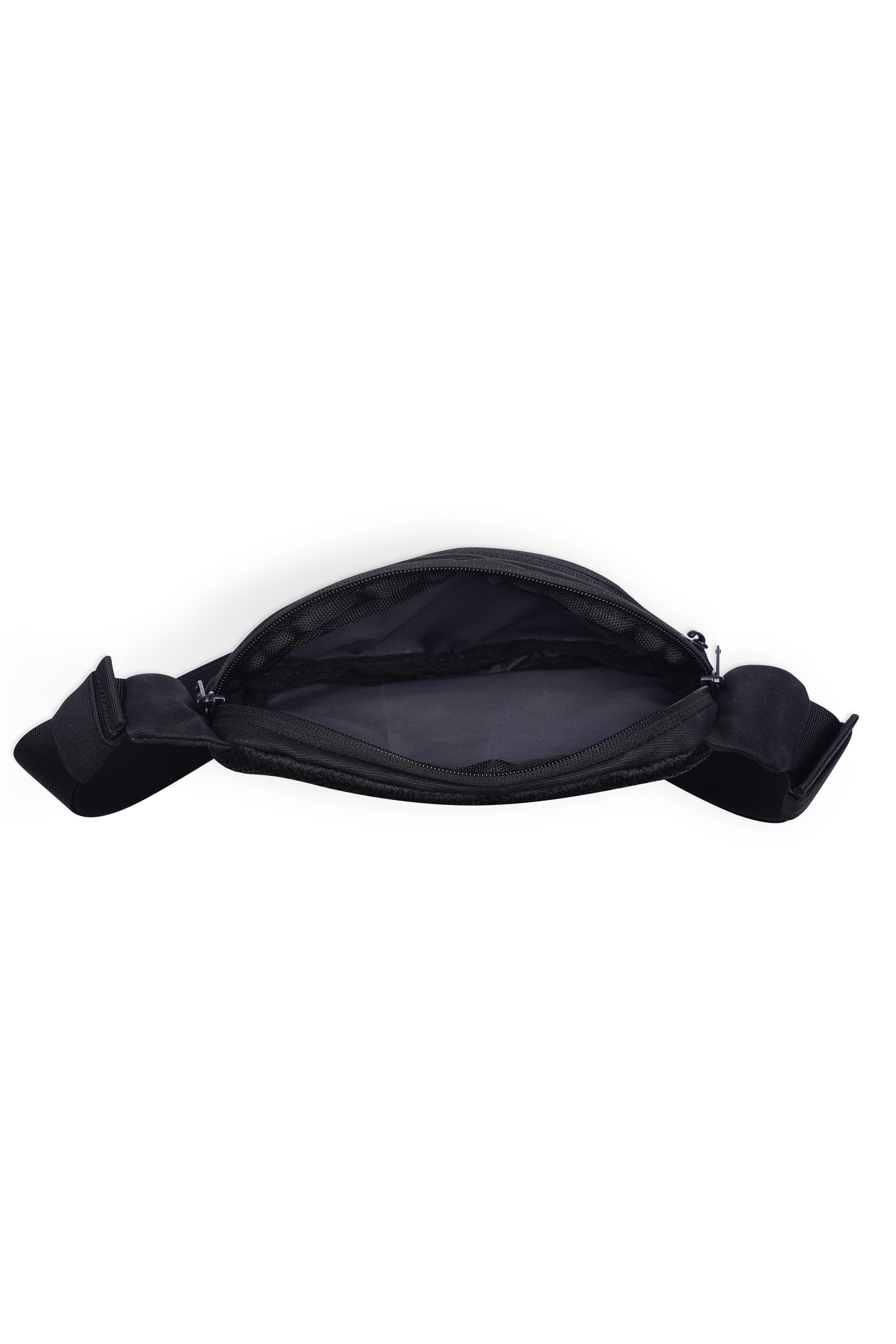 Black canvas crossbody bag opened to show interior compartment and adjustable strap