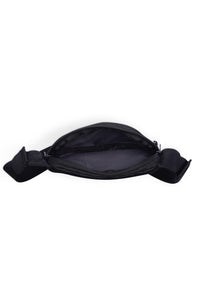 Black canvas crossbody bag opened to show interior compartment and adjustable strap