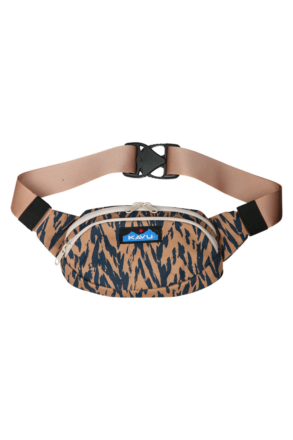 Tan canvas fanny pack with black chevron pattern and adjustable belt strap