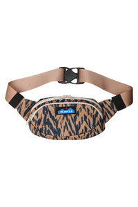 Tan canvas fanny pack with black chevron pattern and adjustable belt strap