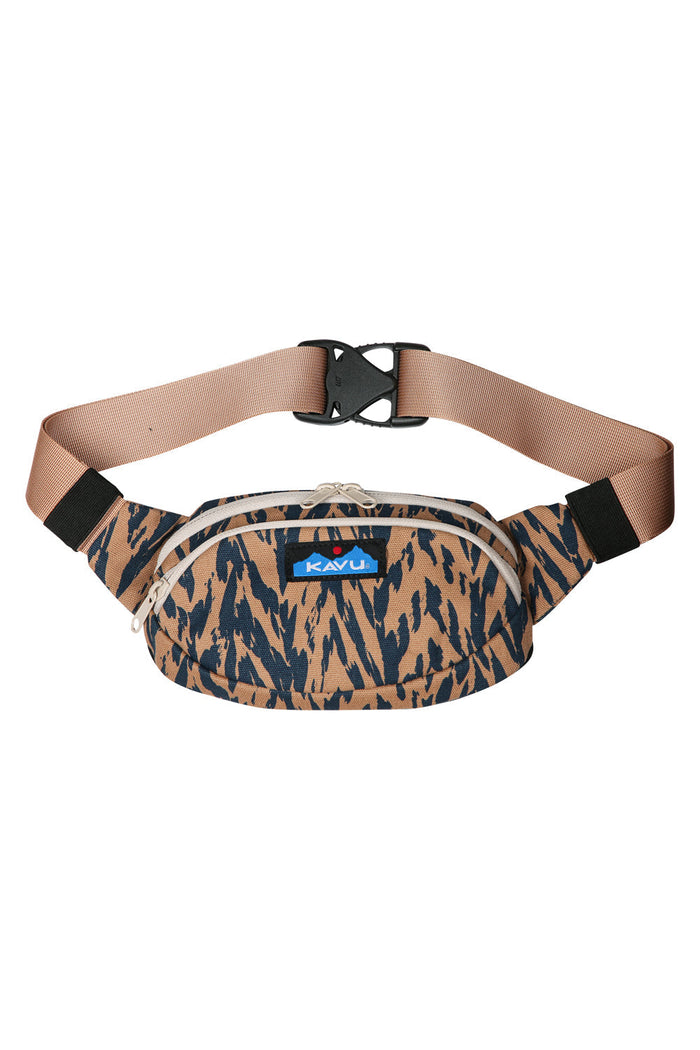 Tan canvas fanny pack with black chevron pattern and adjustable belt strap
