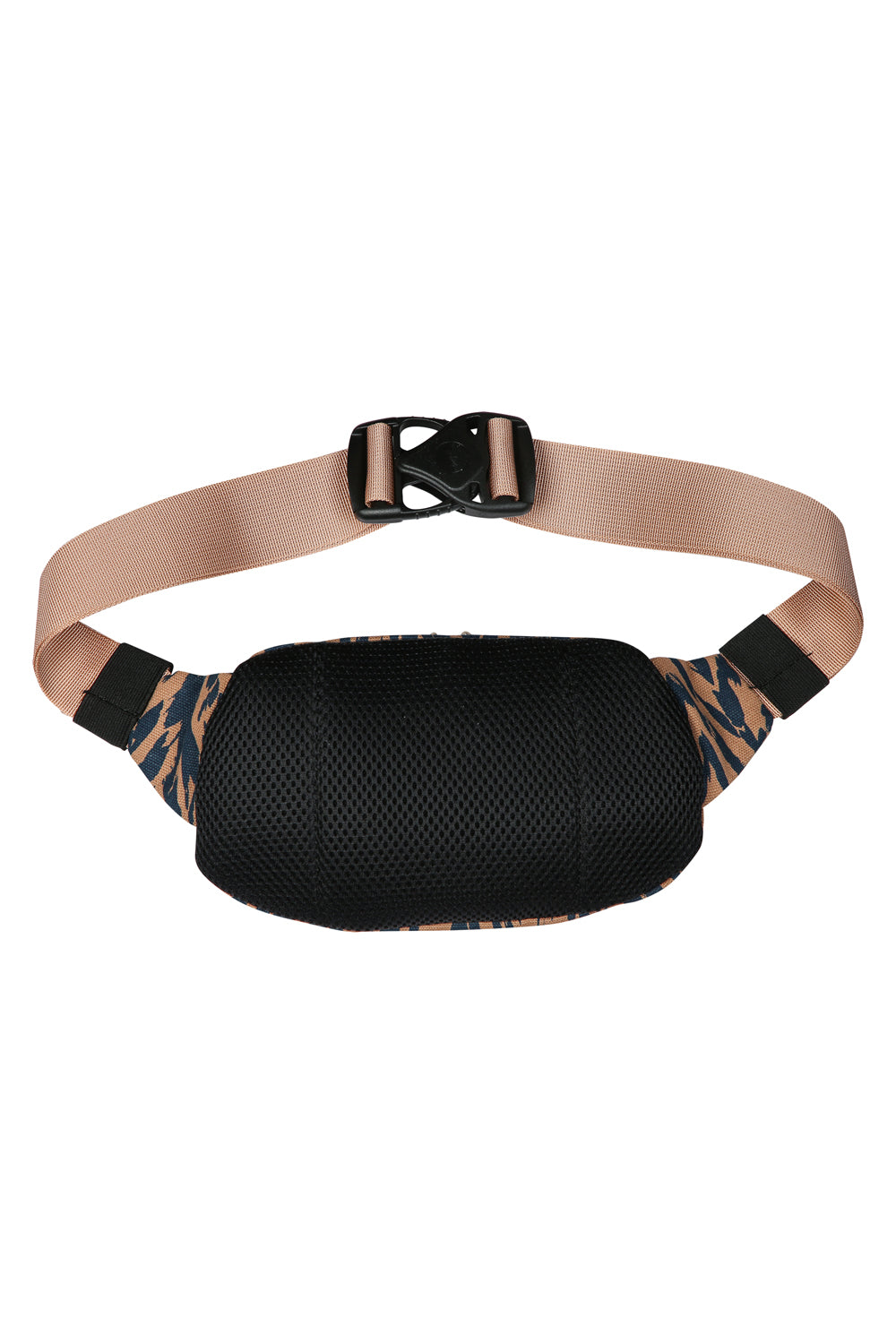 Canvas waist pack with chevron pattern, mesh front pocket and adjustable webbing strap
