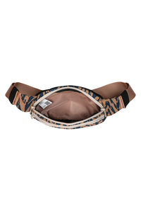 Canvas fanny pack with geometric chevron pattern, shown open with brown interior lining visible