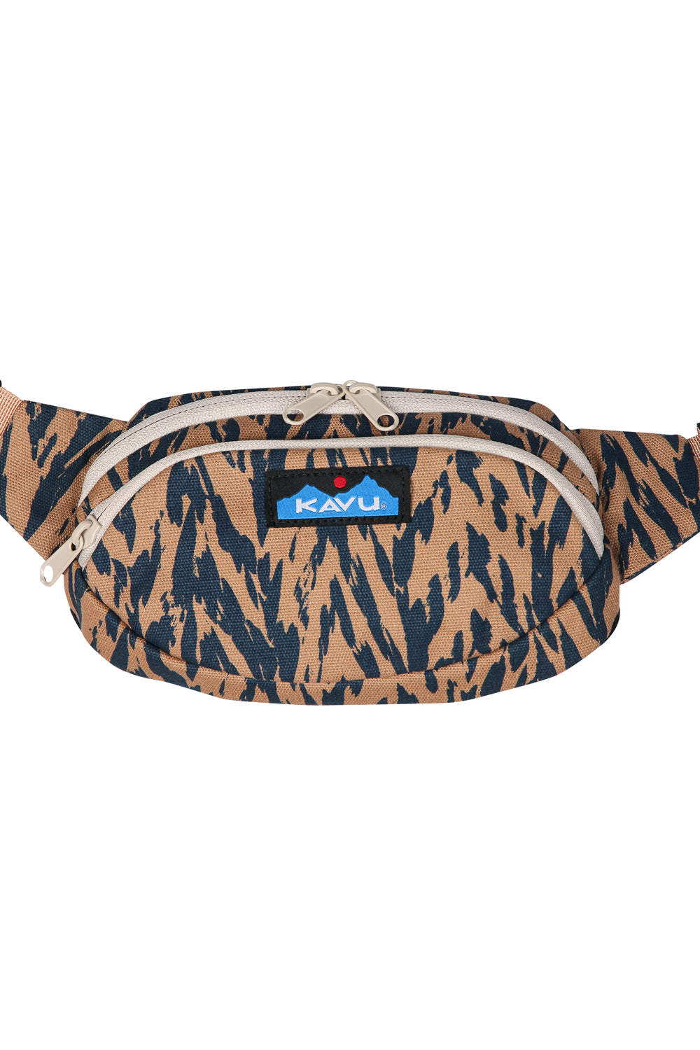 Canvas fanny pack with brown and navy chevron pattern, front view showing dual zippers