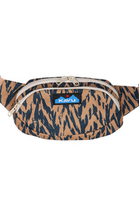 Canvas fanny pack with brown and navy chevron pattern, front view showing dual zippers