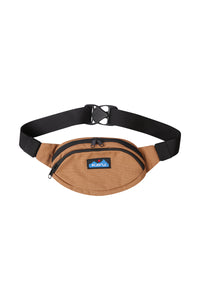 Tan canvas waist pack with black adjustable strap and dual zip compartments