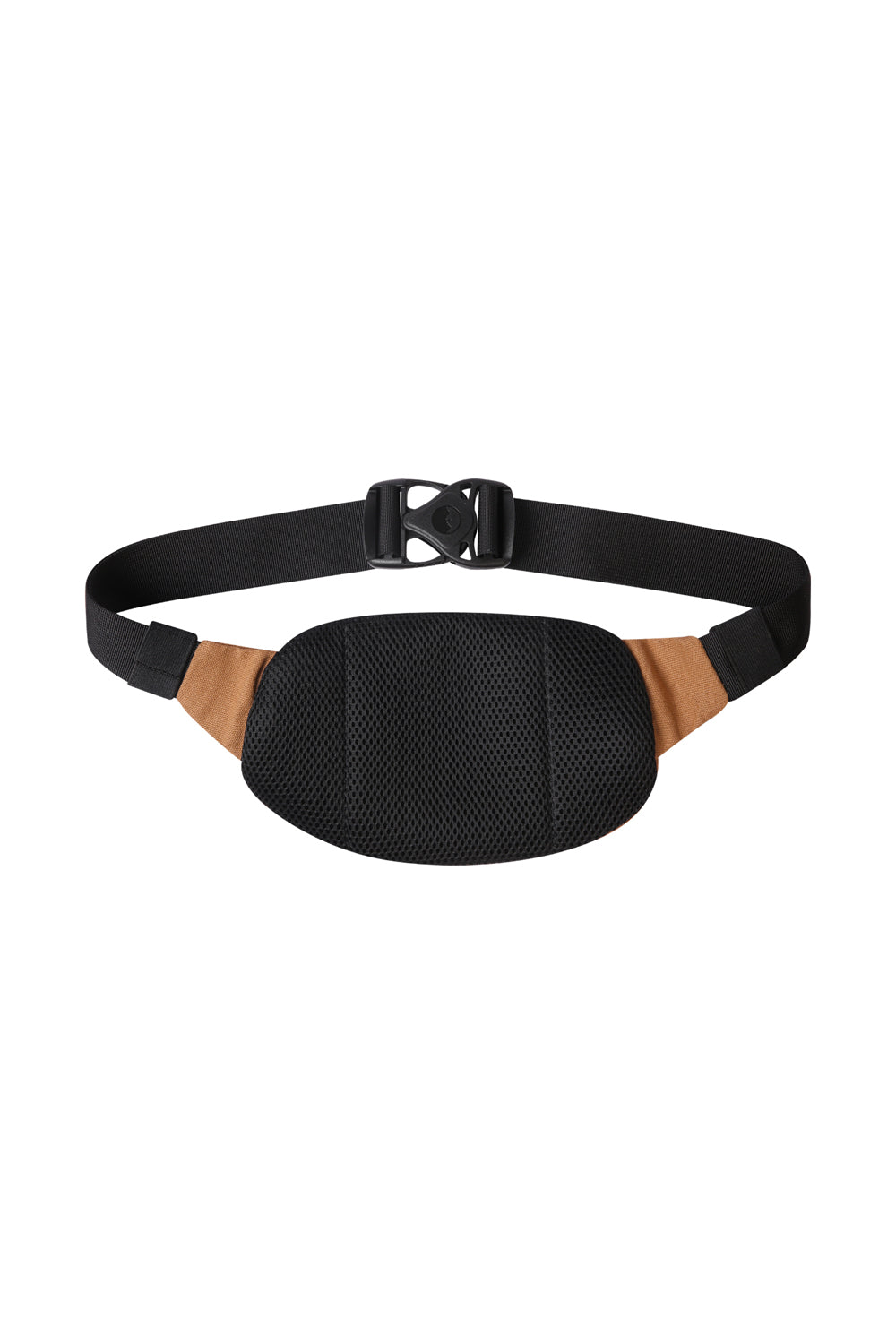 Fanny pack with black mesh main body and tan leather side panels on adjustable strap