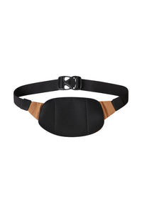Fanny pack with black mesh main body and tan leather side panels on adjustable strap