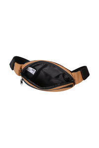 Tan canvas waist pack with black strap and zipper, shown open to reveal interior compartment