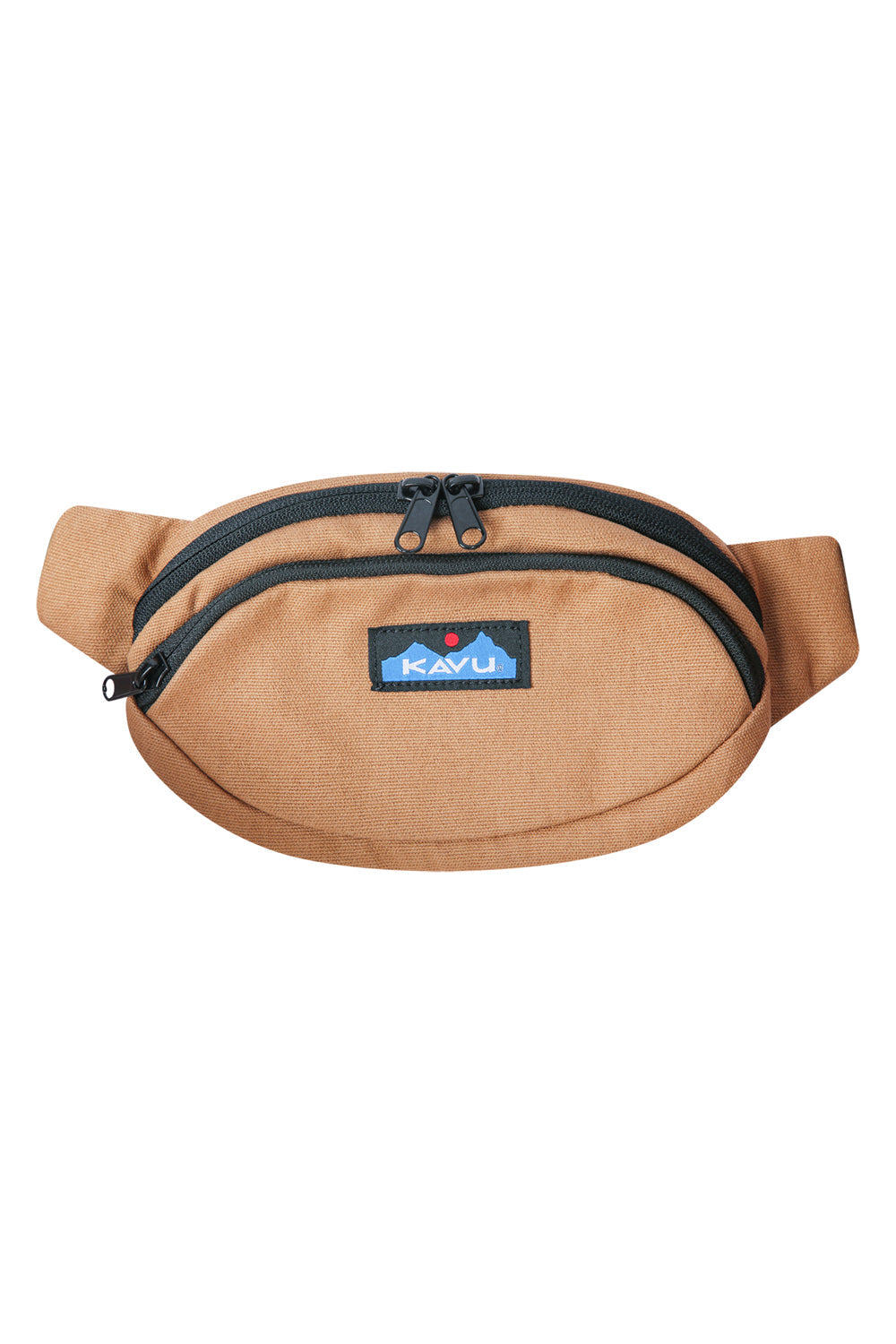 Tan canvas fanny pack with adjustable waist strap and front zippered compartments