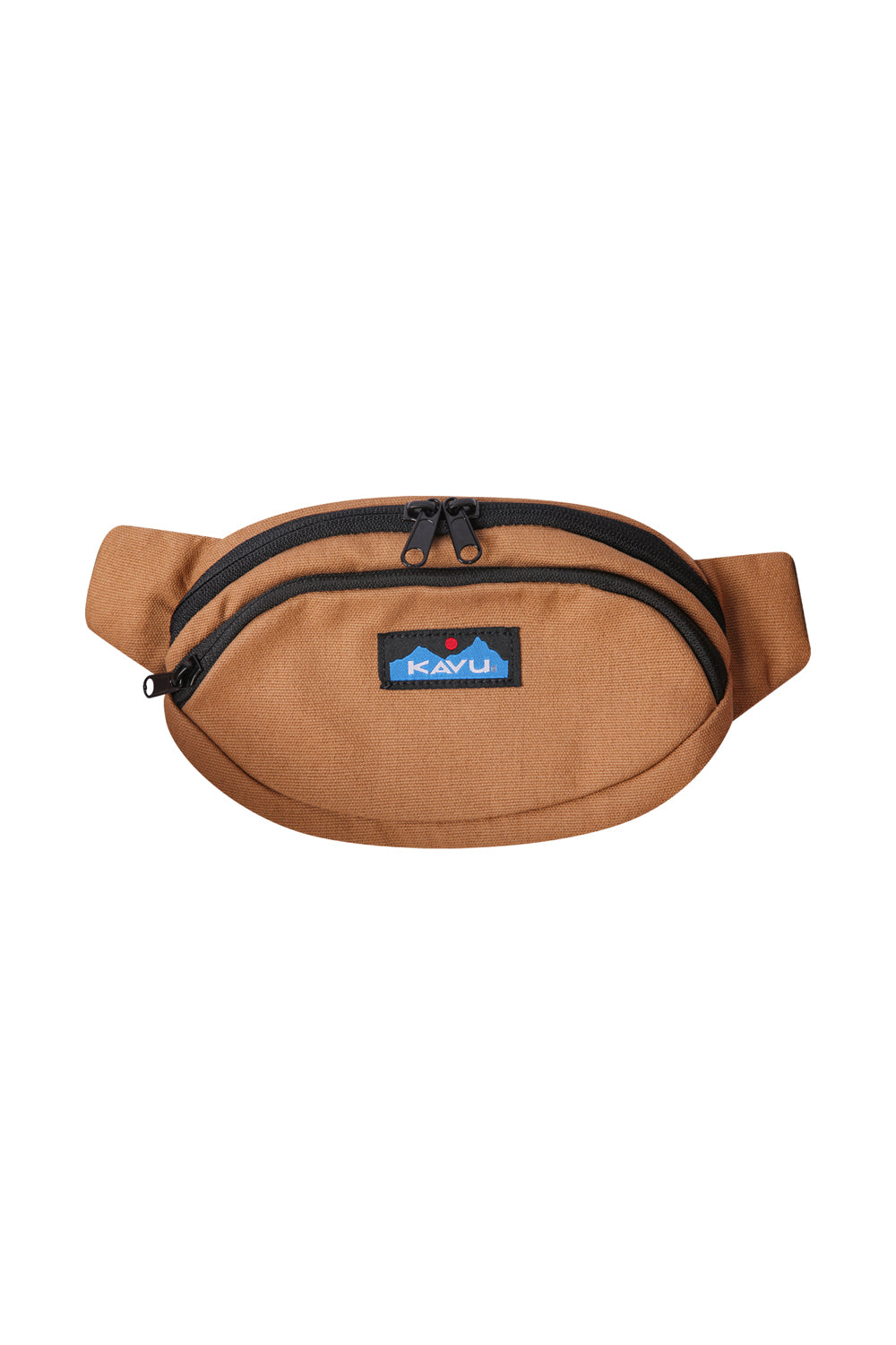 Tan canvas waist pack with blue logo patch and black zippers, front view
