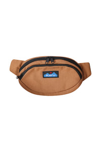 Tan canvas waist pack with blue logo patch and black zippers, front view